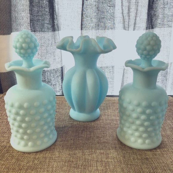 Fenton Other - 3 Piece Set of Satin Blue Fenton Hobnail Items